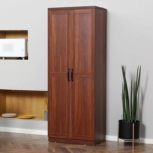 63" Kitchen Pantry, Freestanding Storage Cabinet with 5-Tier Shelving and 2 Adjustable Shelves, 2-Door, Brown, Easy to Maintain, for Dining Room