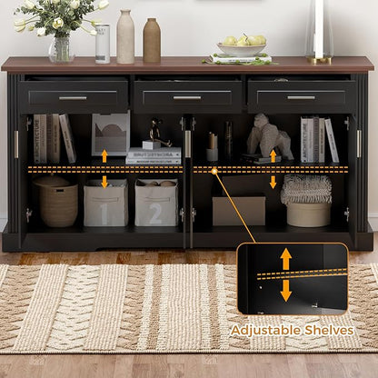 63" Large Buffet Sideboard with Storage, 32" Tall Kitchen Buffet Storage Cabinet with 3 Drawers, Modern Coffee Bar Cabinet with Handles, Long Sideboard Buffet Table for Kichen, Living Room (Black-01)