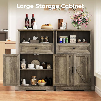 Floor Cabinet, Farmhouse Storage Cabinet with Barn Doors and Drawer, Freestanding Adjustable Shelf Organizer for Bathroom, Kitchen, Living Room Grey