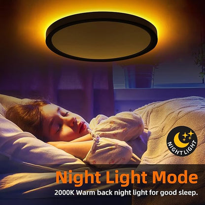 Hlite 12 Inch Flush Mount LED Ceiling Light with Night Light, 24W, 2400lm, Selectable 3000K/4000K/5000K, Flat Lights for Bedroom, Kitchen, Black(1Pack)
