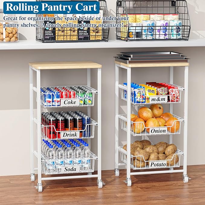 OKZEST 4-Tier Small Kitchen Storage Cart on Wheels with Pull-Out Drawers, Rolling Pantry and Snack Organizer Cart with Wood Top, Kitchen Floor Fruit Basket Stand for Fruit Potato Onion Veggie Snack