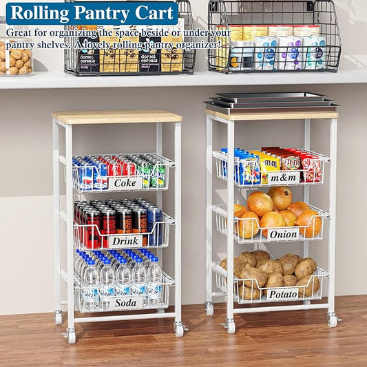 OKZEST 4-Tier Small Kitchen Storage Cart on Wheels with Pull-Out Drawers, Rolling Pantry and Snack Organizer Cart with Wood Top, Kitchen Floor Fruit Basket Stand for Fruit Potato Onion Veggie Snack