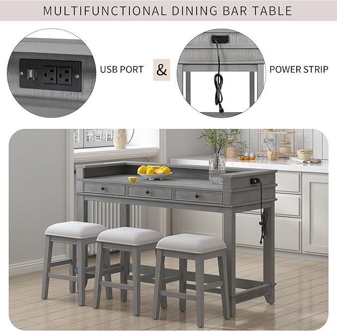 4-Piece Counter High Bar Table Set with Drawers & Charging Station,Counter Height Dining Table Set with Rectangle Table & 3 Upholstered Chairs,Dinette sets for Breakfast Nook,Small Place,Light Grey