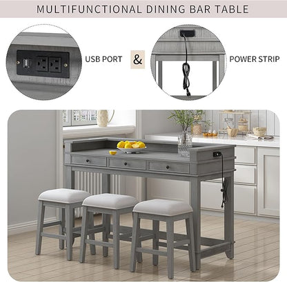 4-Piece Counter High Bar Table Set with Drawers & Charging Station,Counter Height Dining Table Set with Rectangle Table & 3 Upholstered Chairs,Dinette sets for Breakfast Nook,Small Place,Light Grey