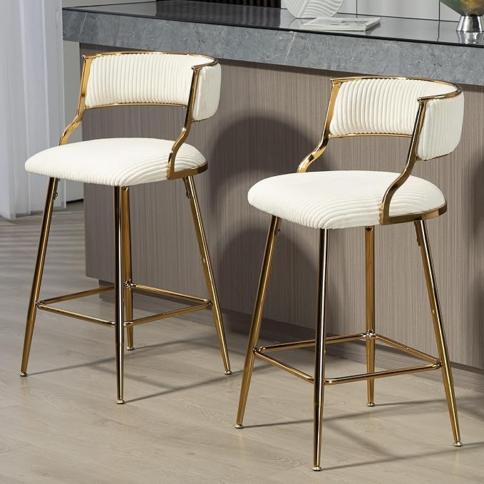 (Set of 2) 26'' Counter heightstools Corduroy Kitchen Island Counter Stool with Back,Golden Chromed Base and footrest,for Living Room