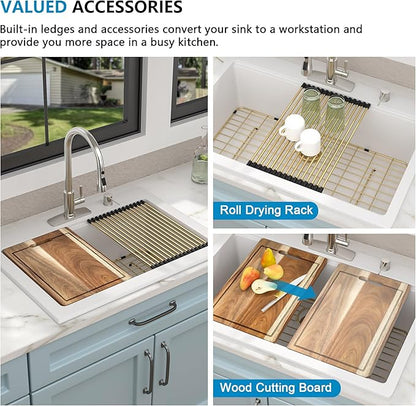 30"x22" Granite Composite Kitchen Sink – White Ledge Workstation Drop In Top-Mount Granite Quartz Classic Luxury Above Counter Single Bowl Sink Basin