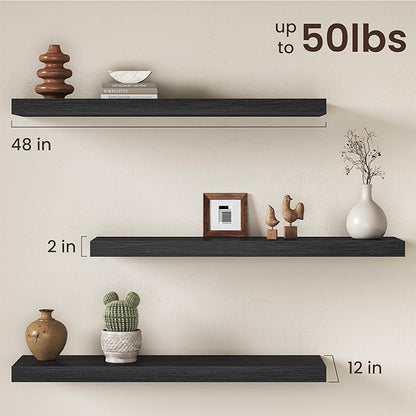 Black Floating Shelves 48Inch Long, 12 Inch Deep Floating Shelves for Wall, 48 x 12 Large Floating Shelf for Fireplace Mantel, 2" Thicked Rustic Wall Shelves for Living Room, Bedroom Storage, 2 Packs