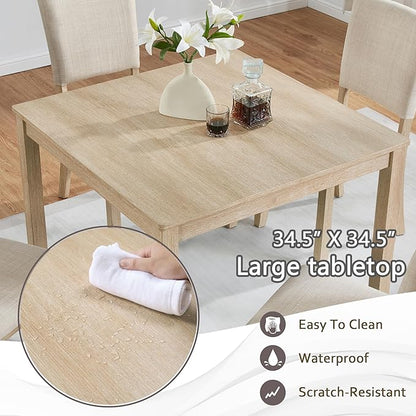 5-Piece Modern Wooden Dining Table Set for 4, Dining Table Set for 4 People with Upholstered Chairs, Square Kitchen Table and Chairs Set for Dining Room and Kitchen, Light Oak + Beige