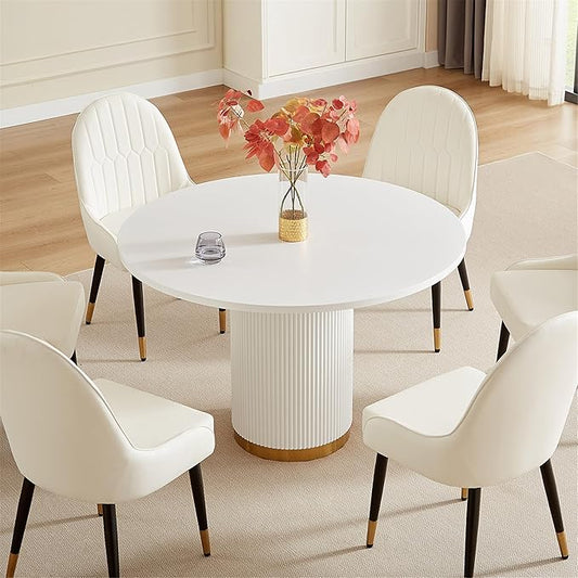 Farmhouse Round Dining Table for 6, 46.46" Luxury One-Piece Solid Wood Dining Table with Gold Stainless Steel Roman Column Pedestal Base, Mid-Century Modern Round Kitchen Table, White