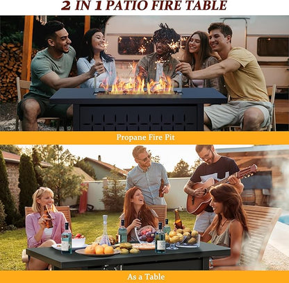 Vongrasig 8 Pieces Patio Furniture Set with 43" Fire Pit, Outdoor Couch Sectional Set, Small Conversation Set, 50,000 BTU Gas Fire Pit Propane Fire Table with Lid, Glass Wind Guard, Blue