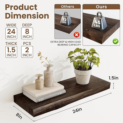 Acovy Extra Deep 24" Long Live Edge Rustic Floating Shelves for Wall, Solid Wood Wall Shelves with Invisible Bracket Mount for Living Room Bathroom Bedroom Kitchen, Set of 2, Natural
