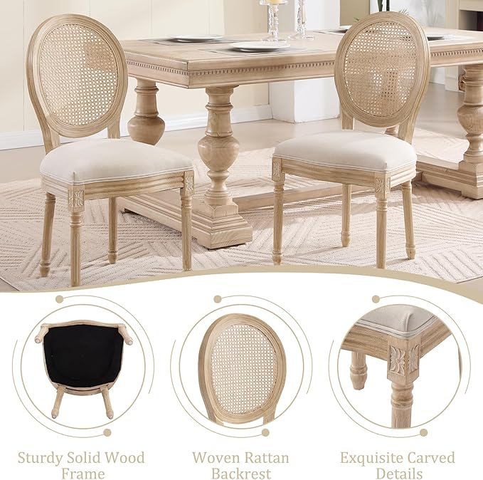 French Country Dining Chairs Set of 4, Upholstered Rattan Dining Chair with Round Backrest, Farmhouse Vintage Dining Chairs for Living Room, Kitchen, Restaurant (Beige-Rattan, Set of 4)