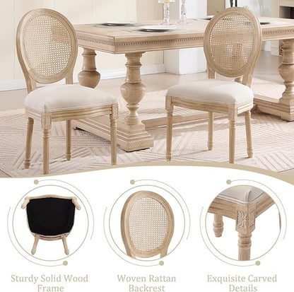 French Country Dining Chairs Set of 4, Upholstered Rattan Dining Chair with Round Backrest, Farmhouse Vintage Dining Chairs for Living Room, Kitchen, Restaurant (Beige-Rattan, Set of 4)