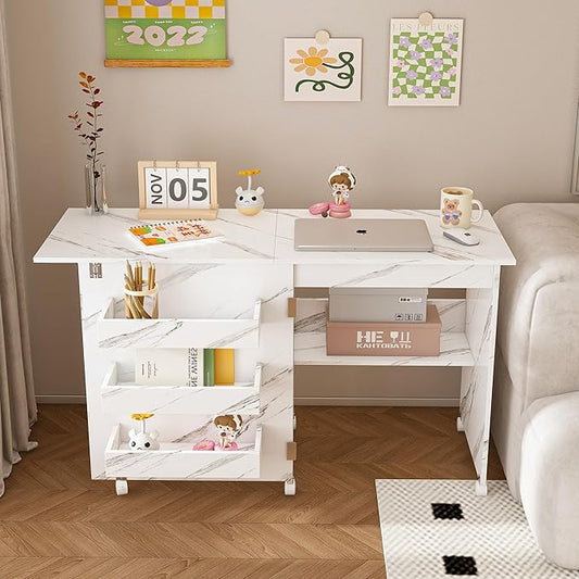 White Folding Dining Table with Wheels, 4-in-1 Versatile Table with Storage Rack and Cabine,Marble Color Kitchen Island, Side Table and Coffee Table Table,Space Saving