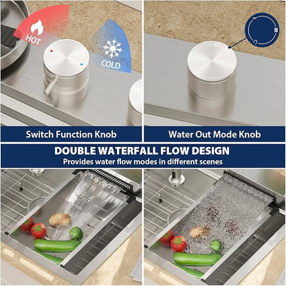 Lordear 30 Drop In Kitchen Sink with Faucet 30x22 Inch Waterfall Kitchen Sinks Topmount Stainless Steel 16 Gauge Single Bowl Workstation Kitchen Sink with Two Multifunctional Switch Knob