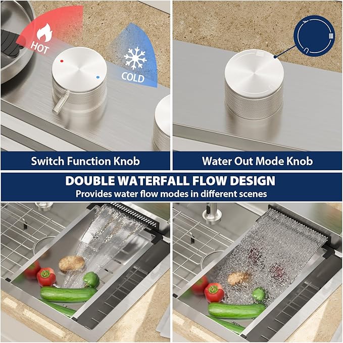 Lordear 33 Drop In Kitchen Sink with Faucet 33x22 Inch Waterfall Kitchen Sinks Topmount Stainless Steel 16 Gauge Single Bowl Workstation Kitchen Sink with Two Multifunctional Switch Knob