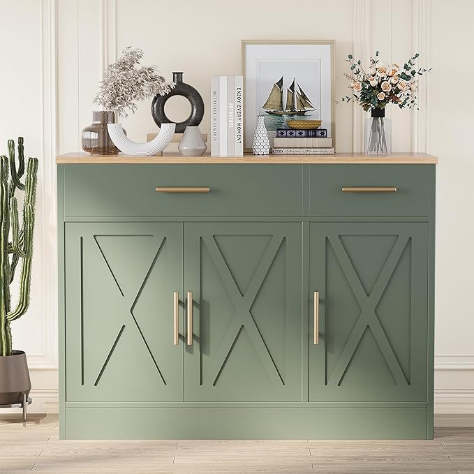 Shintenchi 3 Doors Farmhouse Sideboard Buffet Cabinet,42" Barn Doors Buffet with Storage,Wood Coffee Bar Cabinet with Adjustable Shelf for Kitchen,Living Room,Green