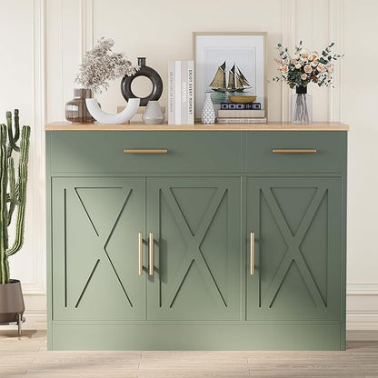 Shintenchi 3 Doors Farmhouse Sideboard Buffet Cabinet,42" Barn Doors Buffet with Storage,Wood Coffee Bar Cabinet with Adjustable Shelf for Kitchen,Living Room,Green