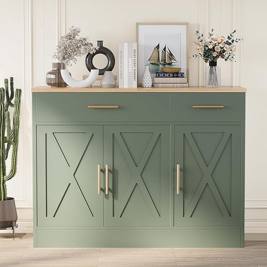 Shintenchi 3 Doors Farmhouse Sideboard Buffet Cabinet,42" Barn Doors Buffet with Storage,Wood Coffee Bar Cabinet with Adjustable Shelf for Kitchen,Living Room,Green