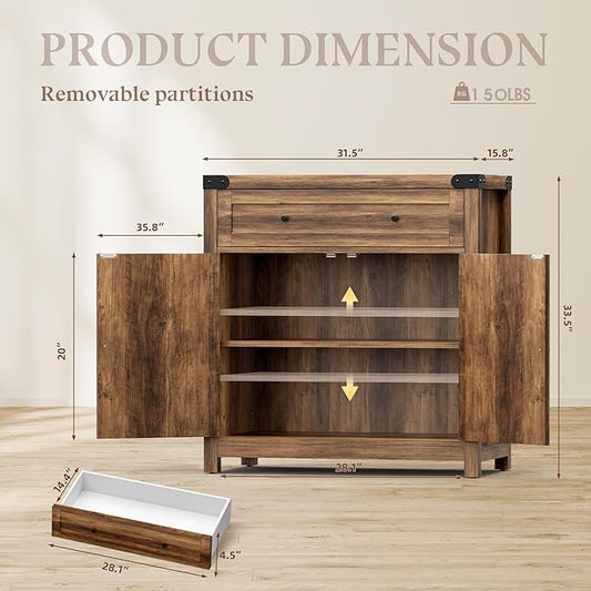 YESHOMY Coffee Bar and Accent Cabinet, Farmhouse Barn Door Buffet Sideboard with Drawer and Adjustable Shelf, Wide Desktop for Kitchen, Dining Room, Bathroom, Entryway, Brown＆Rustic
