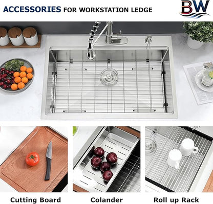 33 x 19 Drop In Kitchen Sink - 16 Gauge Stainless Steel Workstaion Kitchen Sink Handmade 10 Inch Deep Single Bowl Sinks Top Mount Easy to Clean