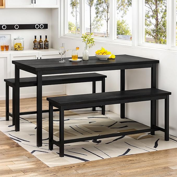 Lamerge Kitchen Table Set with 2 Benches 4 Person Dining Room Table Set for Home Kitchen, Dining Room, Restaurant, Space Saving, Black, 43.3''L x23.6''W x28.5''H (43B)