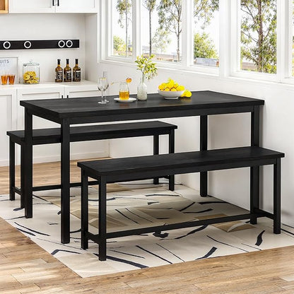 Lamerge Kitchen Table Set with 2 Benches 4 Person Dining Room Table Set for Home Kitchen, Dining Room, Restaurant, Space Saving, Black, 43.3''L x23.6''W x28.5''H (43B)
