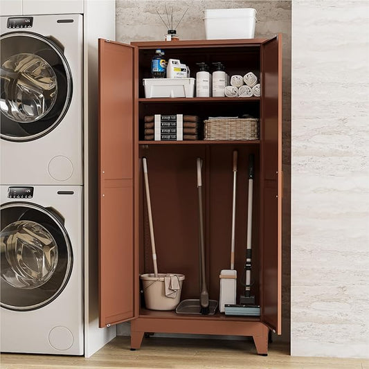 Farmhouse Pantry Cabinet with Barn Doors, 71" H x 31.5" W, 5-Tier Metal Storage Cabinet with 4 Adjustable Shelves for Kitchen Garage Dining Room,Brown 1 Pack