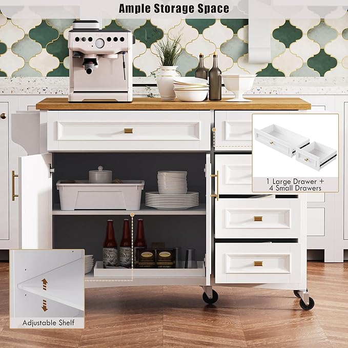 Kitchen Island with Drop Leaf, Embossed Texture Kitchen Island on Wheels with Spice Rack,Towel Rack, 2 Doors and 5 Drawers, Kitchen Storage Cart with Adjustable Shelf for Kitchen (White@093)