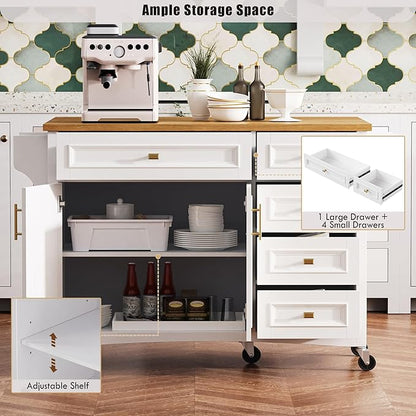 Kitchen Island with Drop Leaf, Embossed Texture Kitchen Island on Wheels with Spice Rack,Towel Rack, 2 Doors and 5 Drawers, Kitchen Storage Cart with Adjustable Shelf for Kitchen (White@093)