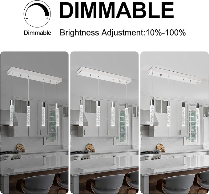 4 Light Pendant Lights Kitchen Island, Modern Chrome Crystal Pendants with Dimmable 3000K-6000K LED Ceiling Hanging Light Fixture for Dining Room Bedroom, Adjustable Height 59"