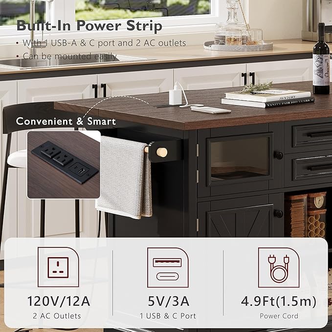 54.9" Kitchen Island with Drop Leaf and Drawers, Rolling Kitchen Cart with Shelves and Storage Cabinet, Kitchen Prep Table on Wheels with Power Outlet and Cross Barn Doors & Visual Glass Door Black