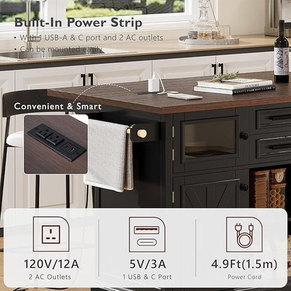 54.9" Kitchen Island with Drop Leaf and Drawers, Rolling Kitchen Cart with Shelves and Storage Cabinet, Kitchen Prep Table on Wheels with Power Outlet and Cross Barn Doors & Visual Glass Door Black