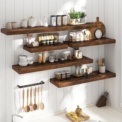 12" Deep Floating Shelves for Wall with Invisible Brackets, Wall Mounted Engineered Wood Shelves with Wood Grain for Living Room, Bedroom, Kitchen Decor and Storage, 48"L Set of 1, Rustic Brown