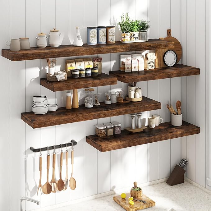 12" Deep Floating Shelves for Wall with Invisible Brackets, Wall Mounted Engineered Wood Shelves with Wood Grain for Living Room, Bedroom, Kitchen Decor and Storage, 24"L Set of 2, Rustic Brown