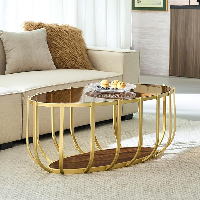 Saint Mossi Mid Century Modern Coffee Table, Glass Oavl Center Table for Living Room, Brown Glass Top and Walnut Shelf with Gold Finish Legs, D42xW23xH16