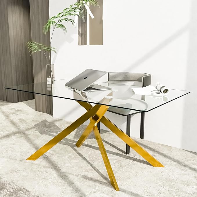 51" Rectangle Dining Table for 4 5 6 People, Modern Dining Table with Gold Chrome Metal X-Shaped Legs, Large Glass Kitchen Table Family Dinner Table for Home Office Living Room