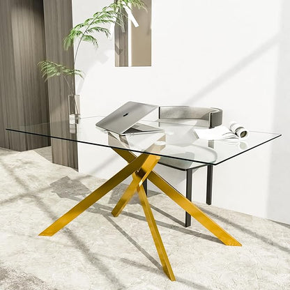 Rectangular Glass Dining Table, Tempered Glass Tabletop and Metal Legs, Modern Style Glass Kitchen Table for Home, Kitchen, Dining Room (Gold, 52'')