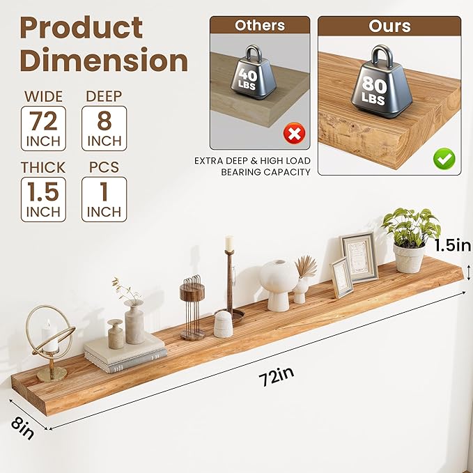 Acovy Extra Deep 72" Long Live Edge Rustic Floating Shelves for Wall, Solid Wood Wall Shelves with Invisible Bracket Mount for Living Room Bathroom Bedroom Kitchen, Set of 1, Natural