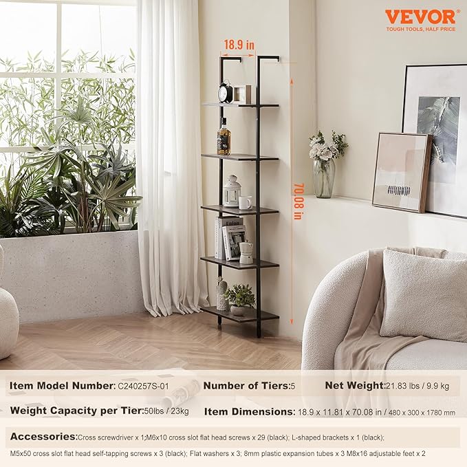 VEVOR Industrial Square Pipe Shelf, 5 Tier 17.3x11.8in, Wall-Mount Floating Rustic Wood Shelves Bracket Display Bookshelf,Storage Rack Sundries Holder for Kitchen Bedroom Bathroom Living Room, Black
