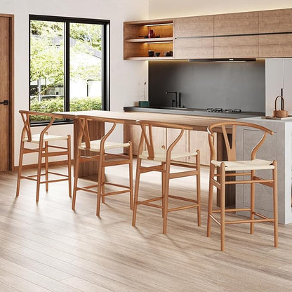 Modern Dining Chairs with Natural Weave Seat - Sturdy Construction Bar Stools for Kitchen Island, Versatile Use in Dining Room and Bedroom, Stylish Simple Design Comfortable Fully Assembled,Walnut-Rat