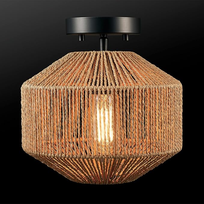 GLOBE Electric 65902 1-Light Flush Mount Ceiling Light, Matte Black, Paper Twine Shade