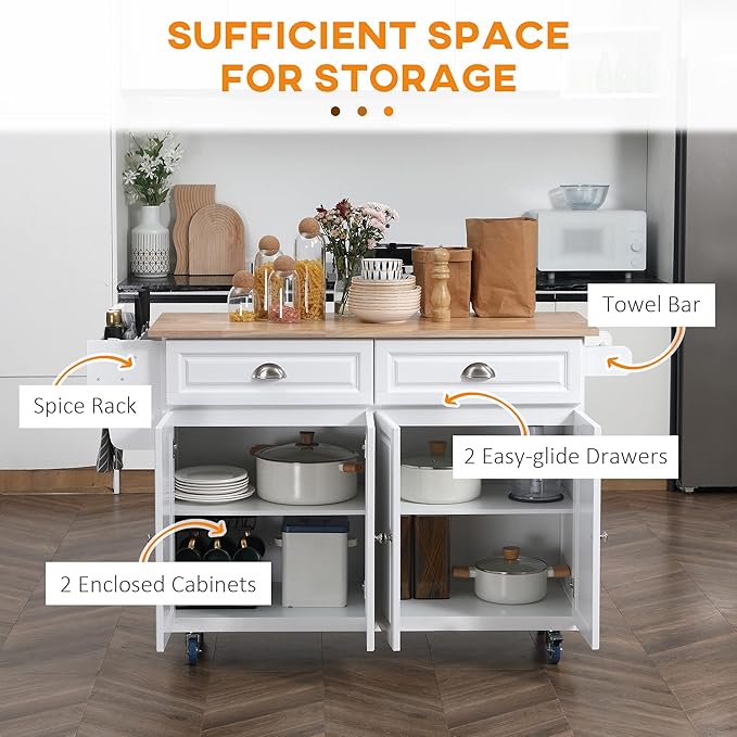 GOWE Rolling Kitchen Island on Wheels, Kitchen Cart with Solid Wood Drop Leaf Breakfast Bar, Storage Drawers, 4-Door Cabinets, Spice Rack, White