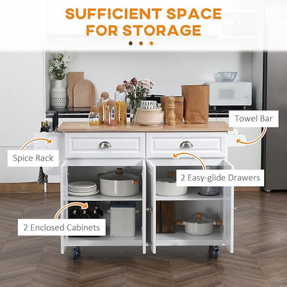 GOWE Rolling Kitchen Island on Wheels, Kitchen Cart with Solid Wood Drop Leaf Breakfast Bar, Storage Drawers, 4-Door Cabinets, Spice Rack, White