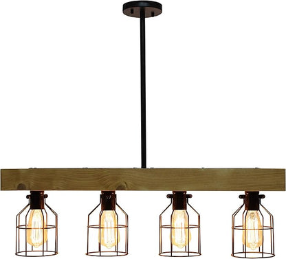 Elegant Designs CH1001-LWD 4 Light Rustic Farmhouse Industrial Wired Cage Pendant Island Light Chandelier, Light Wood