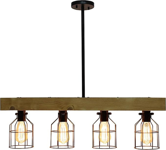 Elegant Designs CH1001-LWD 4 Light Rustic Farmhouse Industrial Wired Cage Pendant Island Light Chandelier, Light Wood