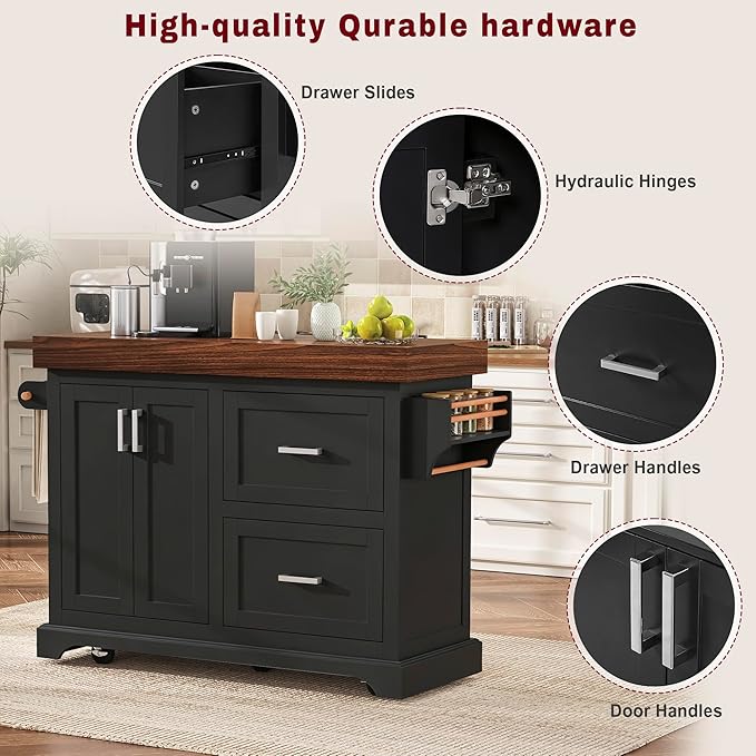 53.25" Large Kitchen Island with Storage on Wheels and 2 Extra-large Drawers, Rolling kitchen Island with Spice Rack and Towel Rack, Mobile Dining Table with 3.5" Thick Desktop and Cabinet Black