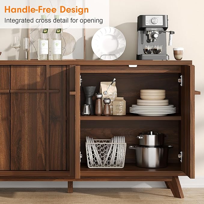knoworld Sideboard Buffet Cabinet with Storage, 59" Modern Credenza with 4 Doors & Adjustable Shelves, Wood Console Cabinet for Living Room Kitchen Dining Room Hallway (Walnut)