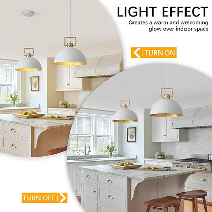 12'' Farmhouse Pendant Light 2 Pack White and Gold for Kitchen Island, Dome Industrial Metal Hanging Lighting Fixtures, Adjustable Height Dining Room Chandelier for Hallway and Foyer