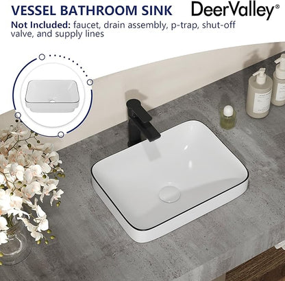 DeerValley Liberty 15.94x12.01 Inch Semi-Recessed Bathroom Vessel Sink, White Ceramic Rectangular Sink with Black Rim, Model DV-1V0347